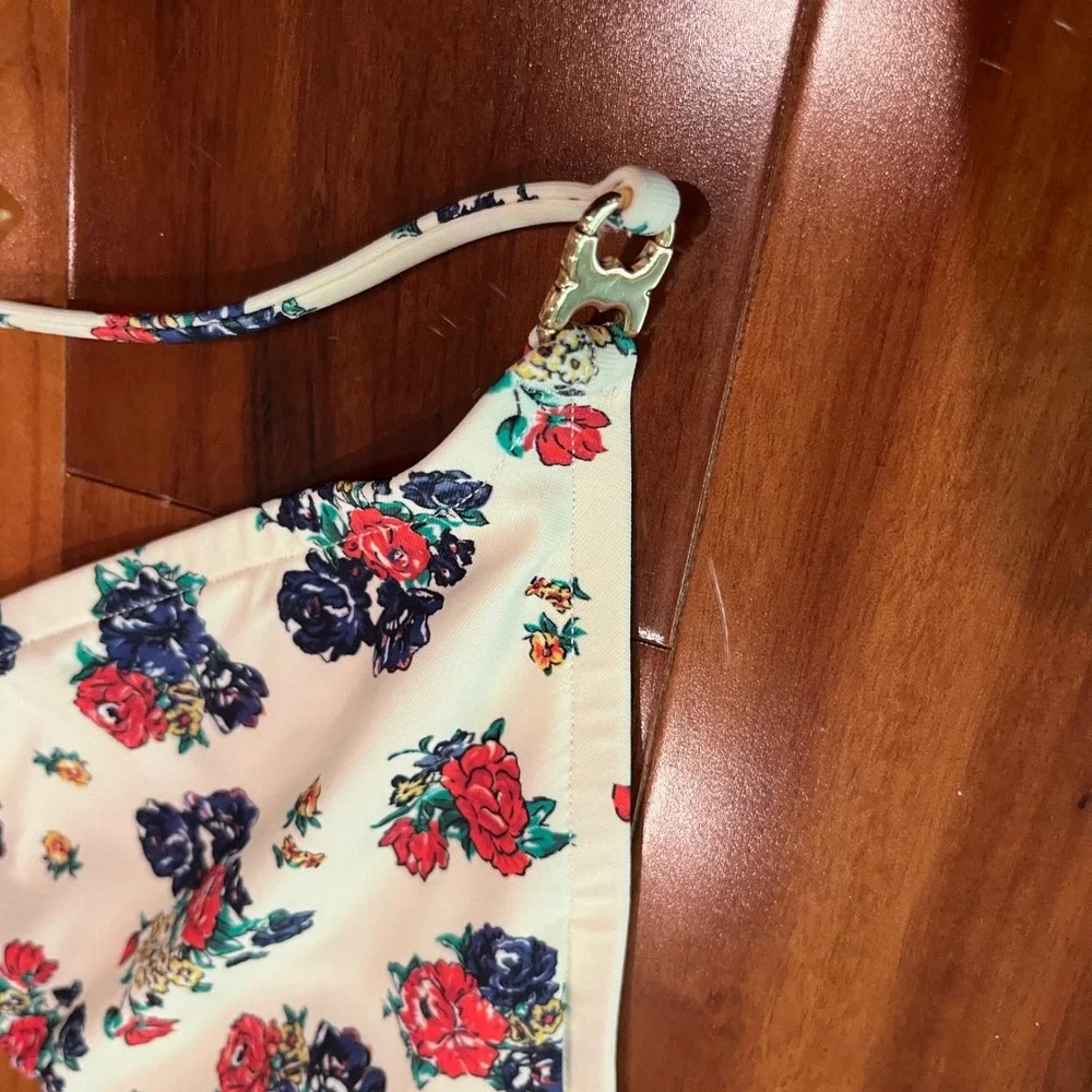 Tory Burch Bikini Top Floral Triangle Swim Red Navy Blue Halter Unpadded Size XS